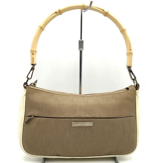Gucci 001 Bamboo Handbag Pouch Canvas Leather Beige