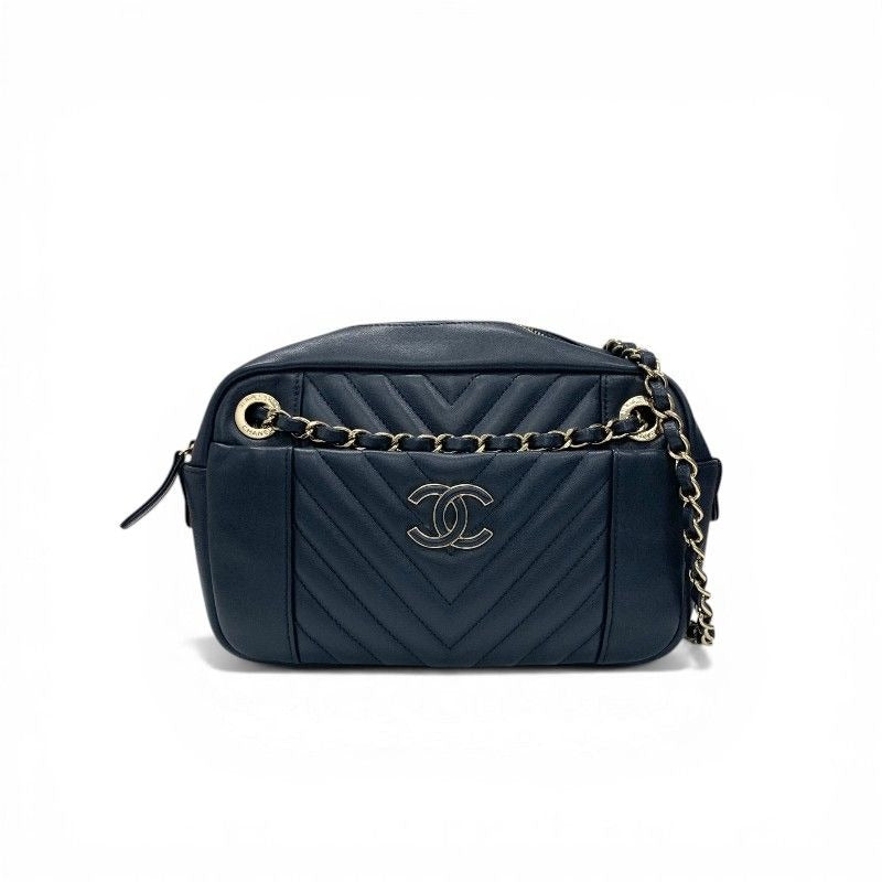 Chanel Shoulder Bag Navy Gold CC Logo Chevron Stitch Double Chain
