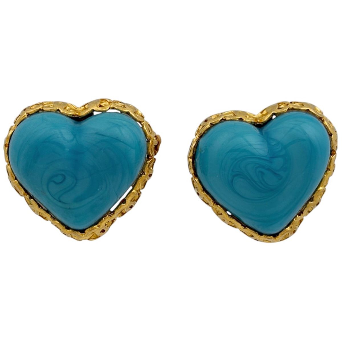 Chanel Heart Motif Color Stone Earrings Gripoix Gold Plated Blue