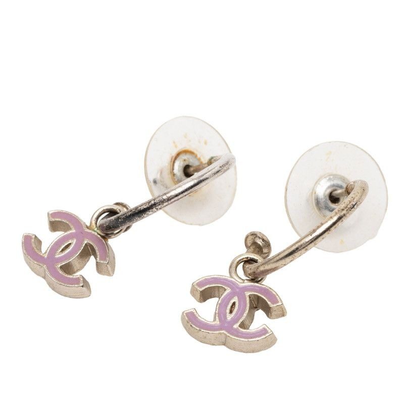 Chanel CC Logo Earrings Silver Pink Metal