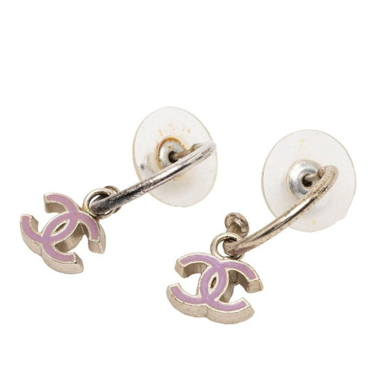 Chanel CC Logo Earrings Silver Pink Metal
