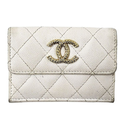 Chanel Wallet Quilted Trifold Caviar Leather White