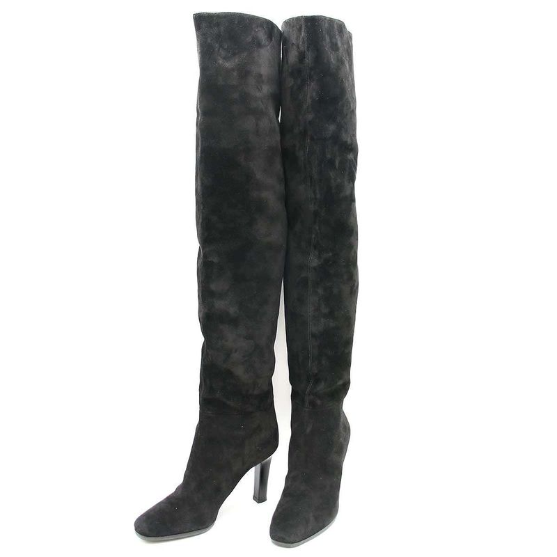 Saint Laurent Paris Knee High Suede Leather Heel Boots Black 37 632613