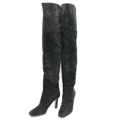 Saint Laurent Paris Knee High Suede Leather Heel Boots Black 37 632613