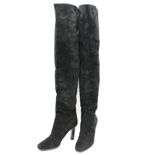 Saint Laurent Paris Knee High Suede Leather Heel Boots Black 37 632613