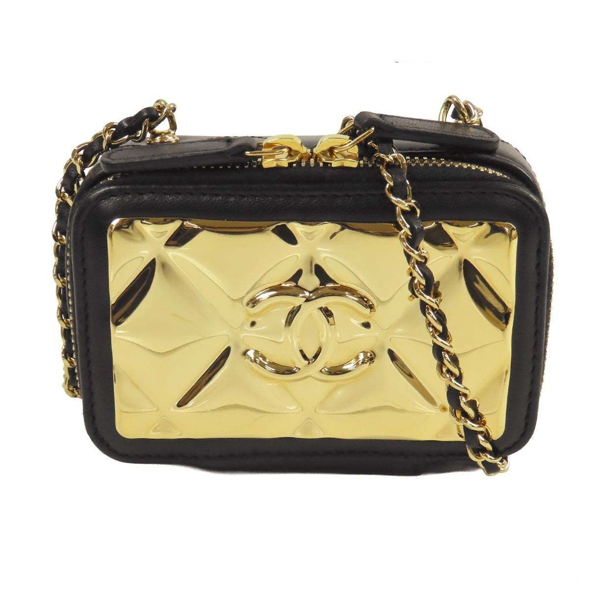Chanel Vanity Case Black Gold Lambskin Mini Quilted Zip Around Chain