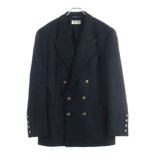 Saint Laurent Paris Silk Metal Button Double Breasted Middle Coat Black