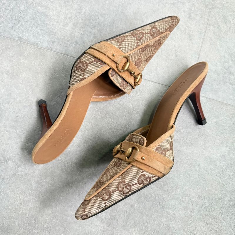 Gucci Horsebit Pumps GG Canvas Beige Gold Hardware 34 1 2 C Women's Shoes
