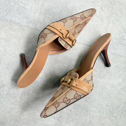 Gucci Horsebit Pumps GG Canvas Beige Gold Hardware 34 1 2 C Women's Shoes