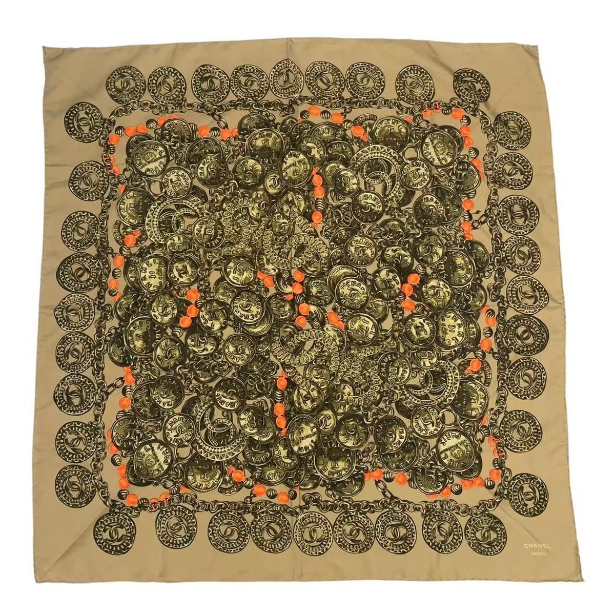 Chanel Scarf Silk Coin Pattern Chain Brown