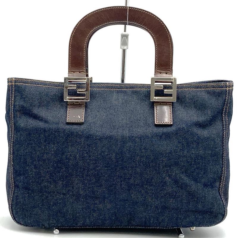 Fendi Handbag Tote Bag Denim Leather Navy Women Men Fashion