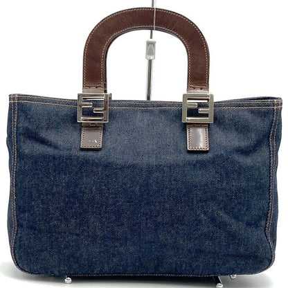 Fendi Handbag Tote Bag Denim Leather Navy Women Men Fashion