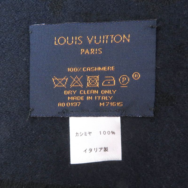 Louis Vuitton M71615 100% Cashmere Monogram Allover Fringe Scarf Black Navy