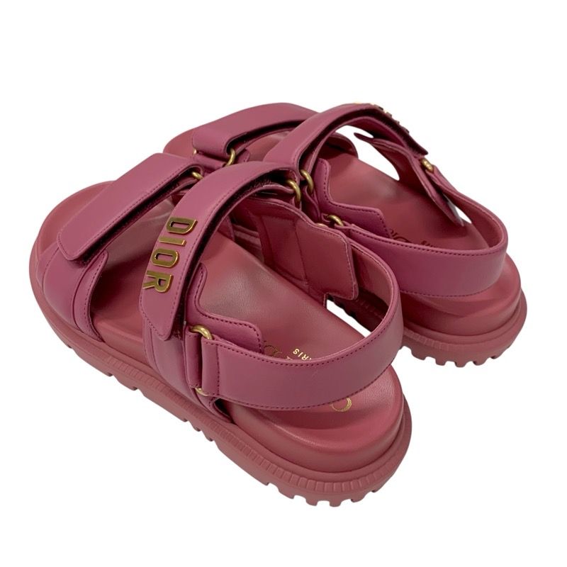 Christian Dioract Sandals Shoes Leather Pink Gold Unused Velcro Strap Logo