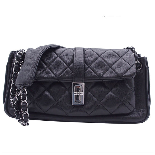 Chanel 2.55 Chain Shoulder Bag Black Silver Leather