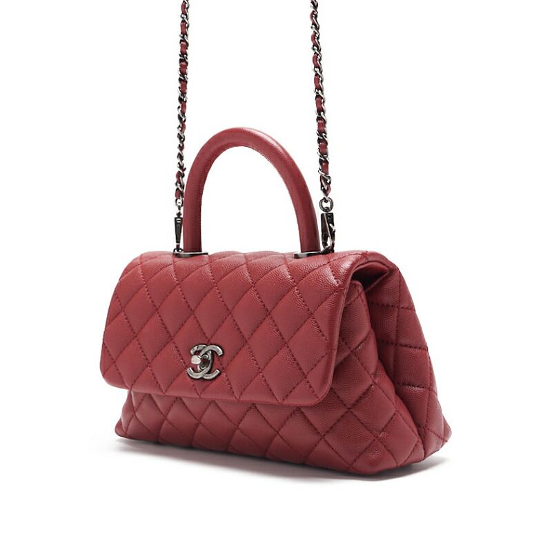 Chanel Matelasse Coco Handle 2WAY Handbag Caviar Skin Red With Silver Hardware