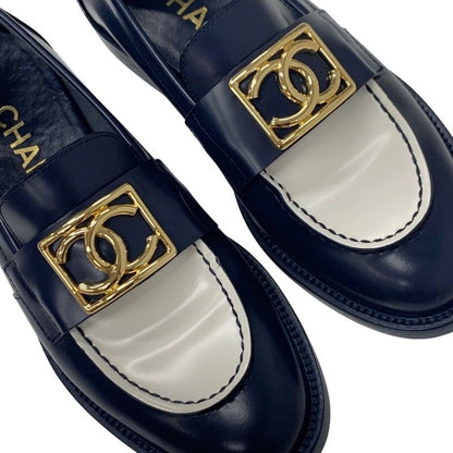 Chanel Loafer Leather Shoes Leather Navy White Gold Here Mark