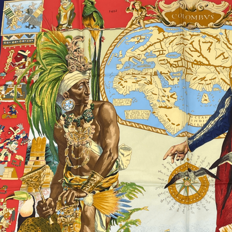 Hermes Carre 90 Scarf Les Ameriques Americas Columbus Silk Navy Multicolor
