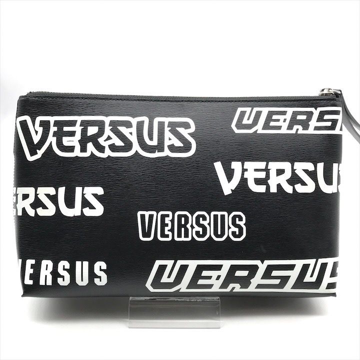 Versace Lion Logo Strap Pouch Clutch Second Black Leather