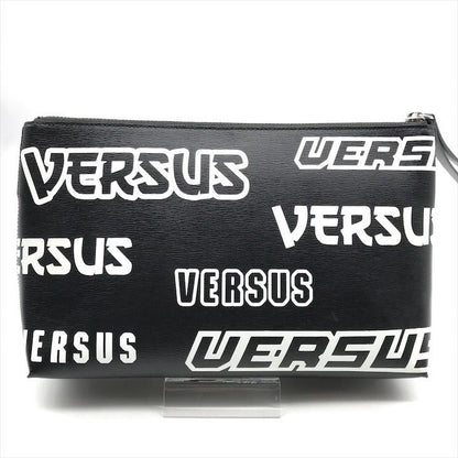 Versace Lion Logo Strap Pouch Clutch Second Black Leather