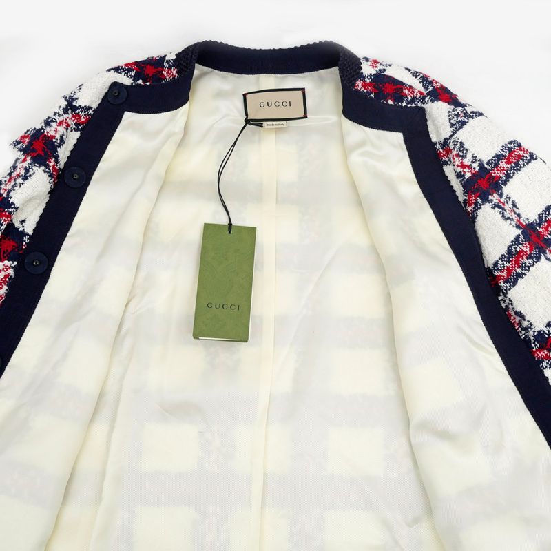 Gucci Tweed Jacket Size 40 White Navy Red 660820 Long Sleeve Women's