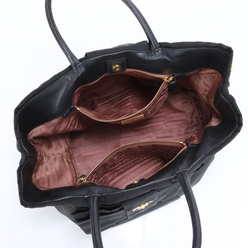 Prada Tessuto Nylon Ribbon Design Leather Tote Bag Shoulder Hand Black Women
