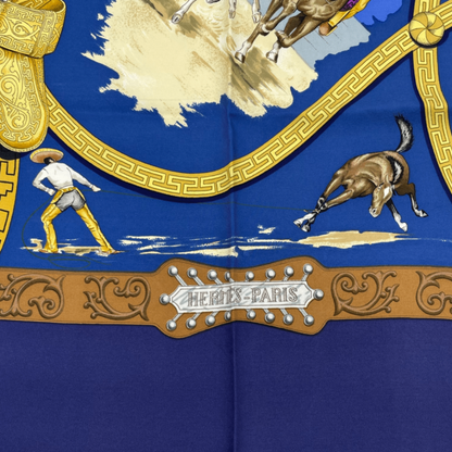Hermes Carre 90 Scarf Charreada Horse Blue Silk