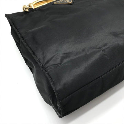 Prada Nylon Tessuto Metal Handle Hand Bag Black Bag