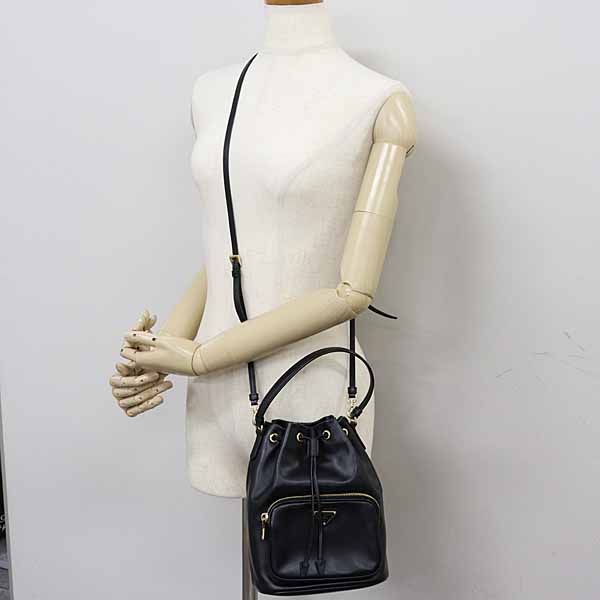 Prada Duet Bucket Bag 2WAY Shoulder Drawstring Soft Calf Saffiano Leather NERO