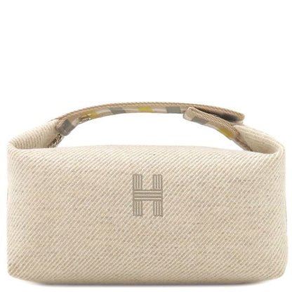 Hermes Pouch Brid a Black Au Carré PM Wool Sègre Silver Hardware Handbag Vanity