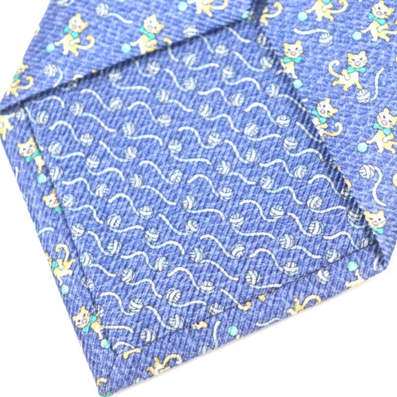  Bvlgari 100% Silk All-over Cat Wool Ball Tie Blue With Box Made In Italy