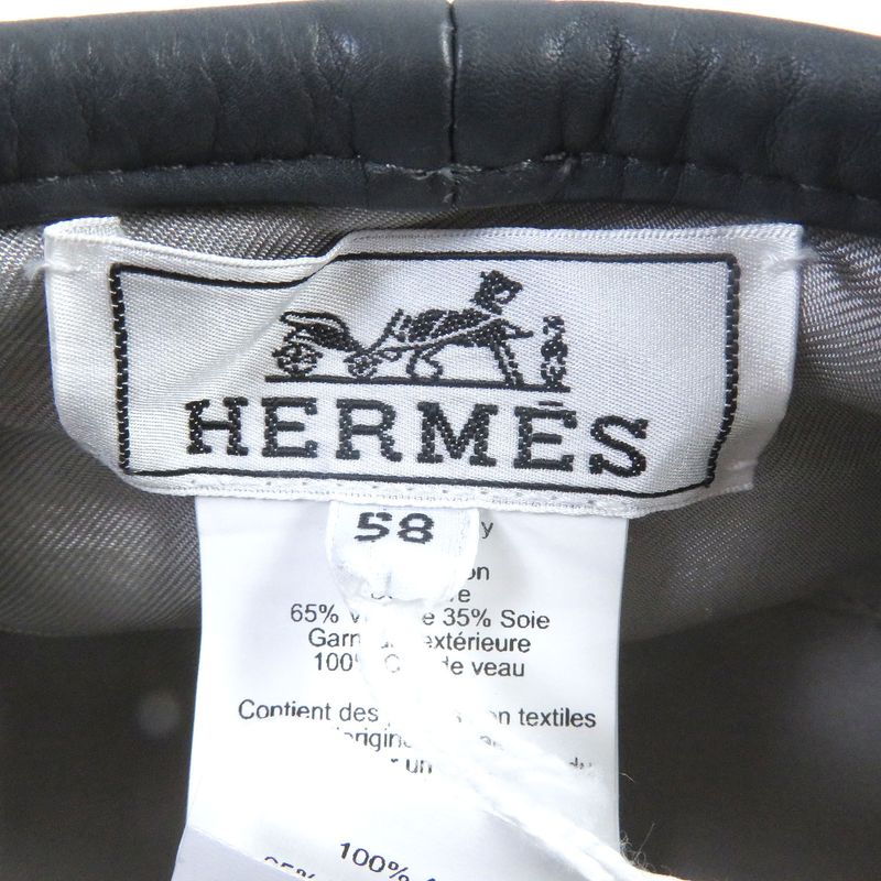 Hermes Saint Honore Serier Button Silk Blend Lining H Logo Leather Piping Beret