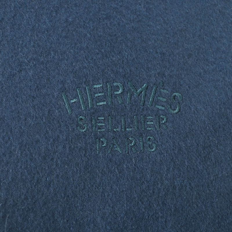 Hermes 100% Cashmere Logo Embroidered Fringed Large Scarf Shawl Scarf Blue Women