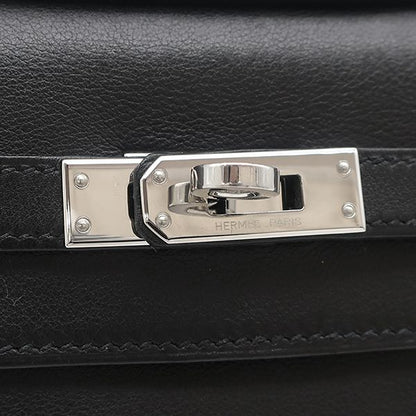 Hermes Handbag Pochette Kelly Evergrain Black Silver Hardware Black Mini Bag L