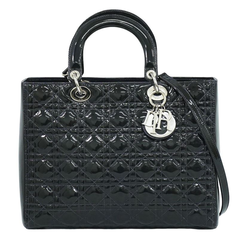 Authentic Christian DIOR Lady Dior Cannage 2WAY Shoulder Bag Handbag Patent