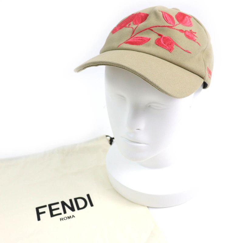 Fendi Fxq675 Cotton Logo Floral Rose Embroidery Baseball Cap Hat Cap Beige
