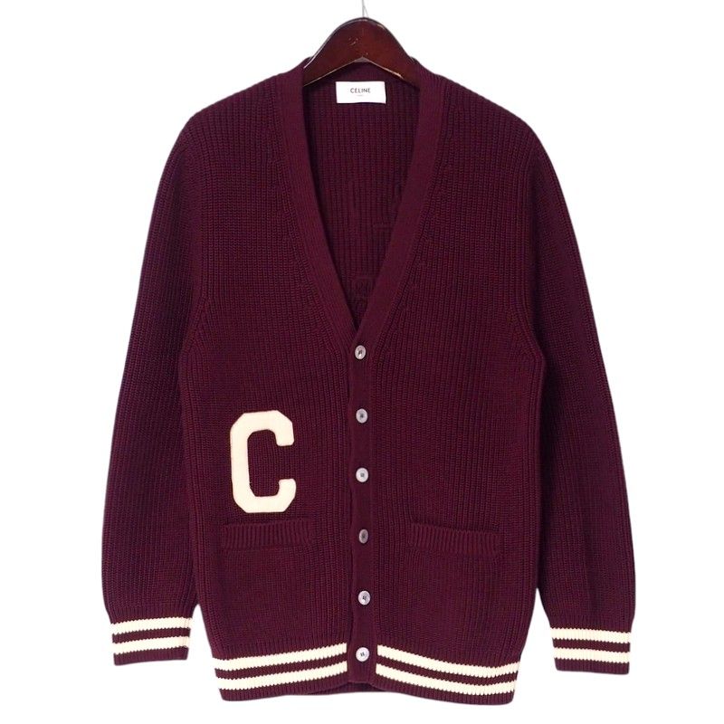 Celine Cardigan Size S (165 84A) Knit College Cardigan Logo Patch Cotton Wine