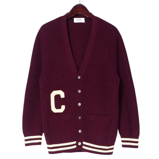 Celine Cardigan Size S (165 84A) Knit College Cardigan Logo Patch Cotton Wine