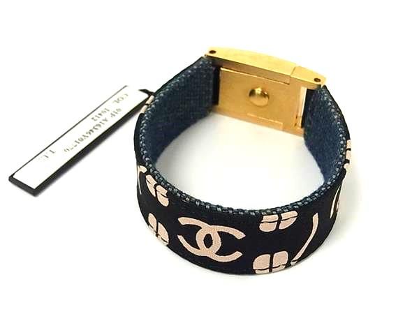 Chanel Coco Mark Canvas Bracelet Accessories Women's Black And Pink Beige