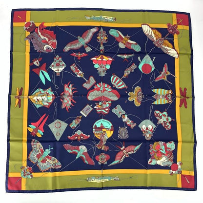 Hermes Carree 90 Soies Volantes Big Sky Silk Scarf 100% Silk Navy Khaki And