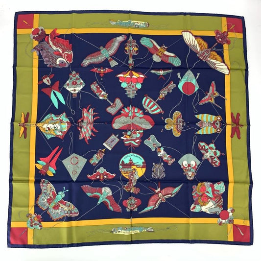 Hermes Carree 90 Soies Volantes Big Sky Silk Scarf 100% Silk Navy Khaki And