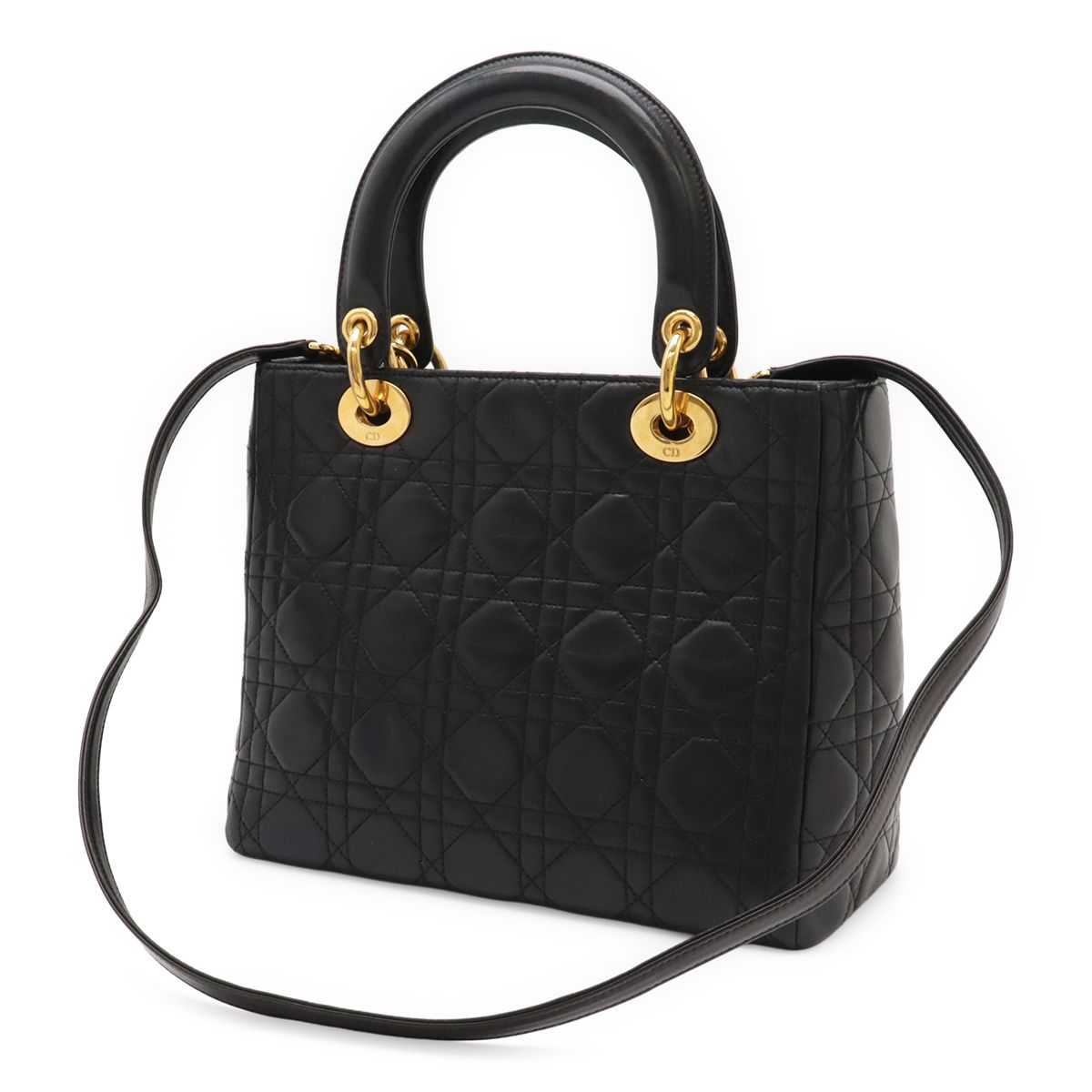 Christian DIOR Lady Dior Cannage Handbag Tote Bag Lambskin Leather Black Black