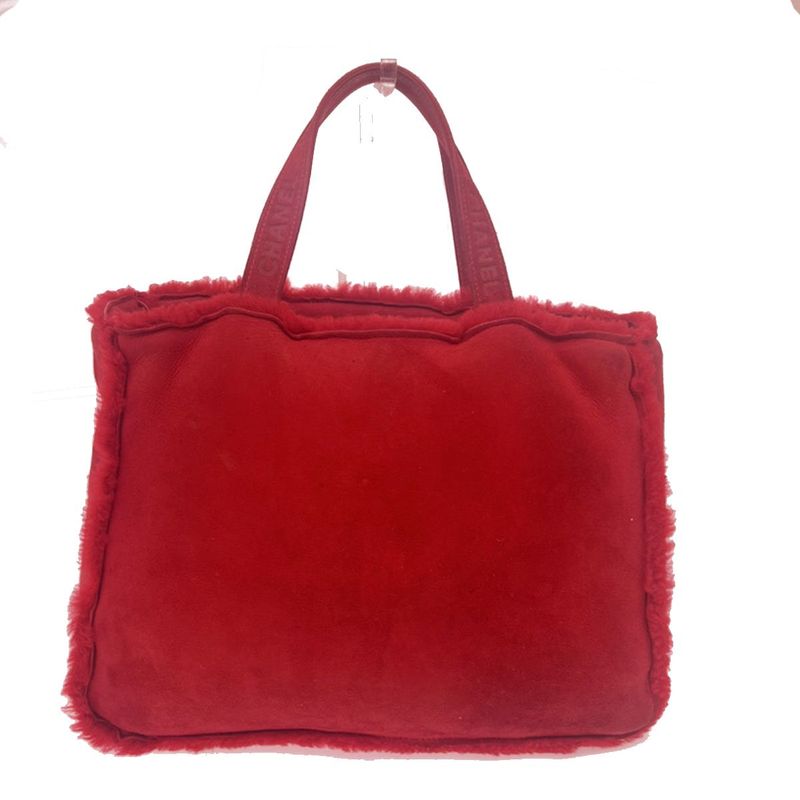 Chanel Handbag Fur Bag Leather Red 86ka838