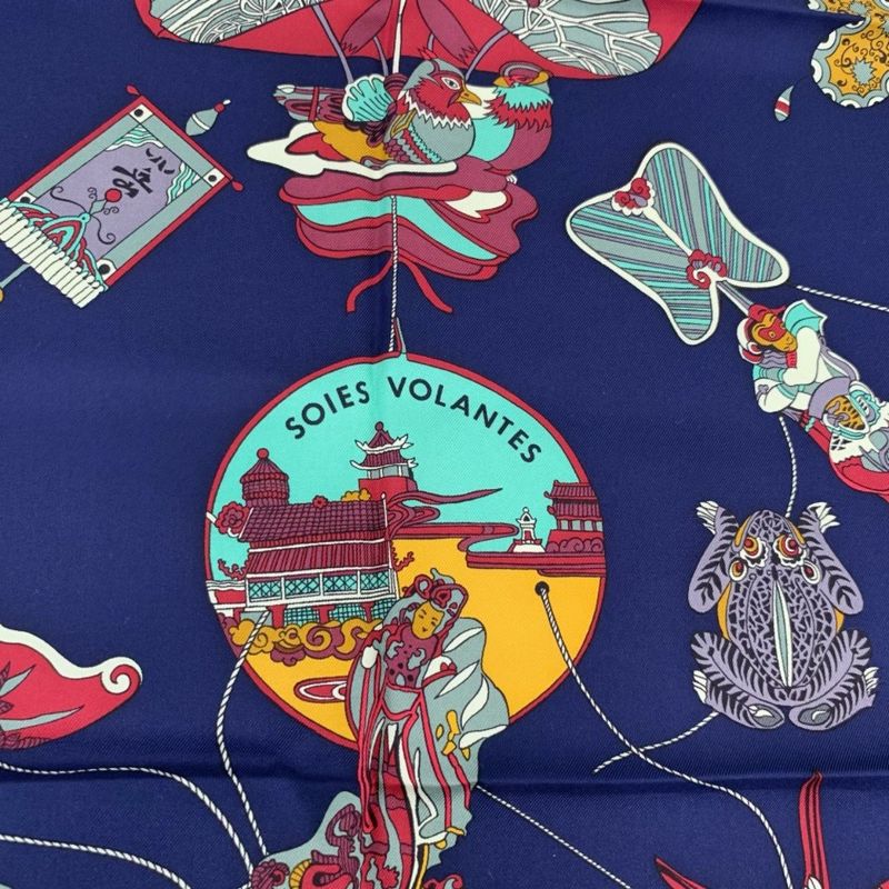 Hermes Carree 90 Soies Volantes Big Sky Silk Scarf 100% Silk Navy Khaki And