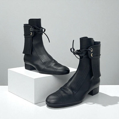 Chanel Boots Short Boots Shoes Leather Black Here Mark Fringe