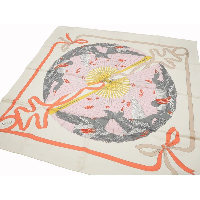 Gucci Printed Silk Scarf Ca Fly Swan 90x90 Fan Swan Bird Ribbon Ivory Multicolor