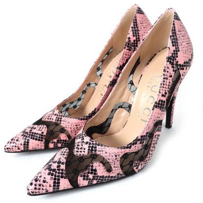 Gucci 738689 GG Rambus Python Print Pointed Toe High Heel Leather Pumps Pink