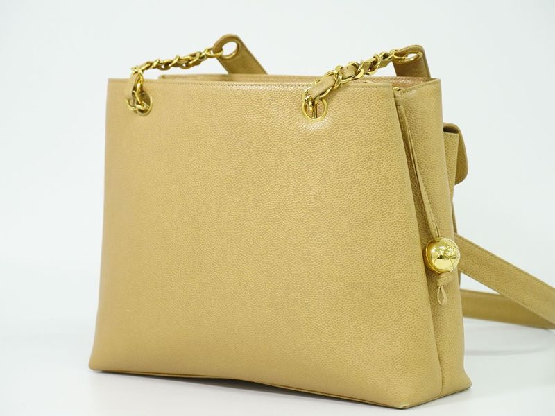 Authentic Chanel Coco Mark Shoulder Bag Tote Bag Caviar Skin Leather Beige Coco
