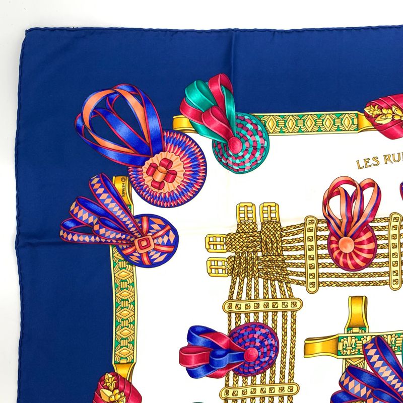 Hermes Carre 90 Lesrubansducheval Horse Ribbon Scarf Blue And Multicolor 100%