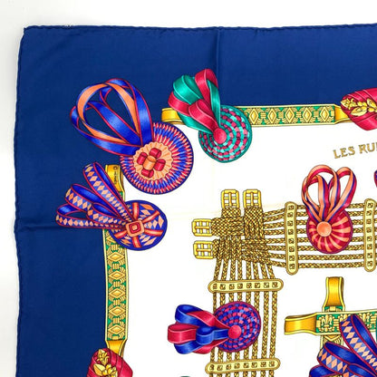 Hermes Carre 90 Lesrubansducheval Horse Ribbon Scarf Blue And Multicolor 100%